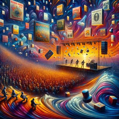 The primary subject of the image is a group of people standing on a stage, performing in front of a large crowd. The setting is a concert venue, with a stage and a crowd of people surrounding it. The visual style is a digital art or illustration, as the image is colorful and vibrant. The dominant colors are red, orange, and blue, creating a lively and energetic atmosphere.